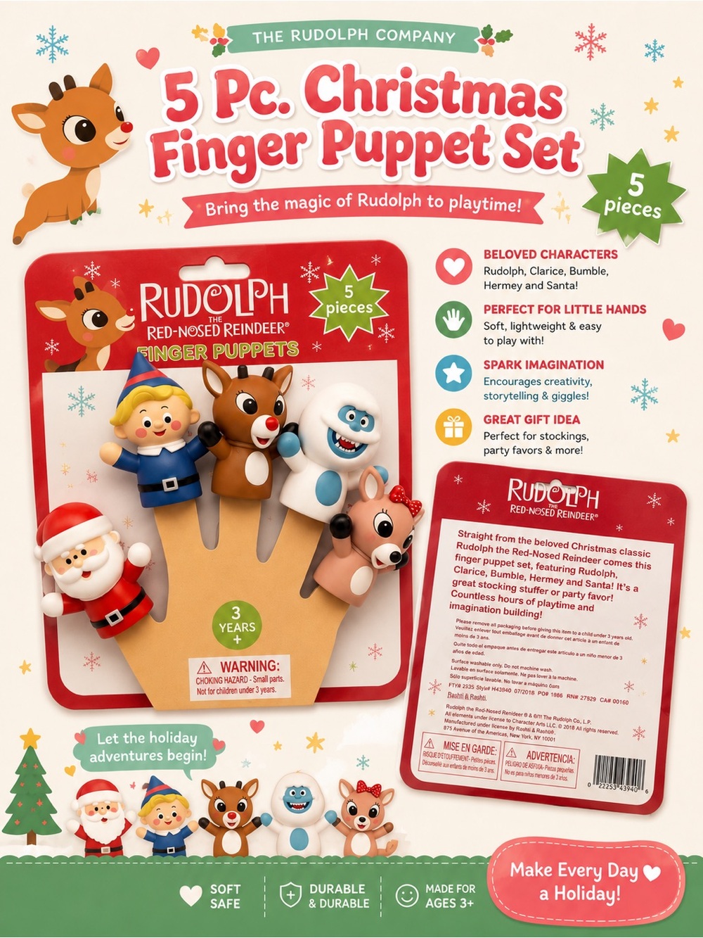 New Set Of 5 Christmas Finger Puppets Set Rudolph Santa Cartoon Show Holiday